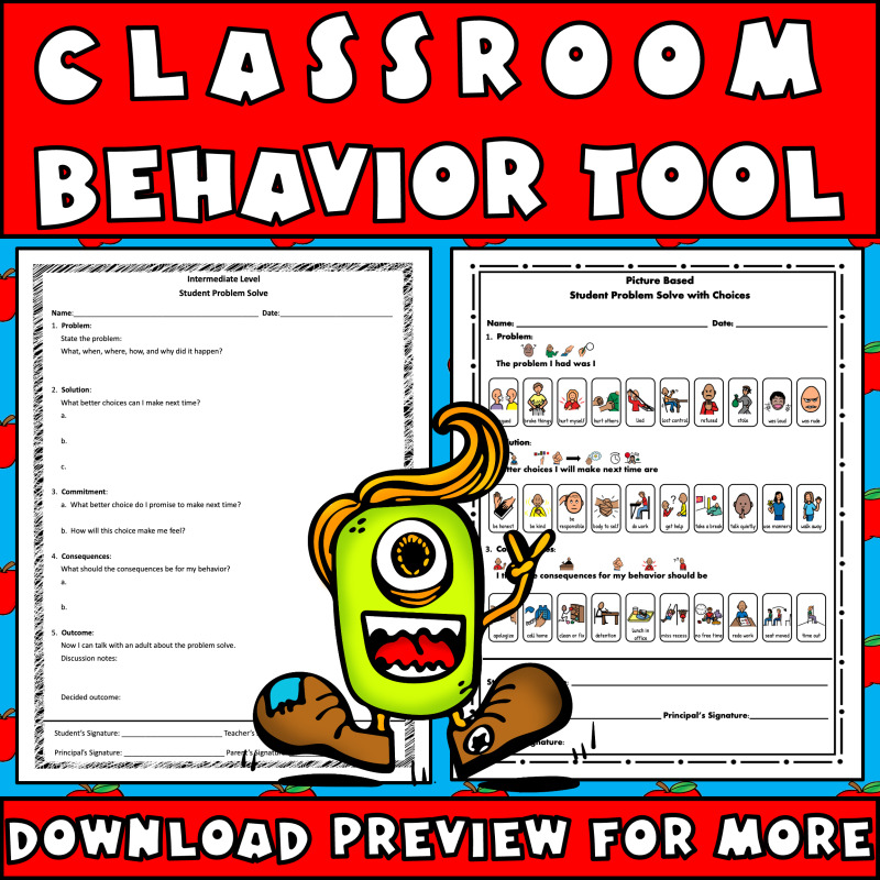 Classroom behavior tool showing social thinking and me think sheets for intermediate and primary students.
