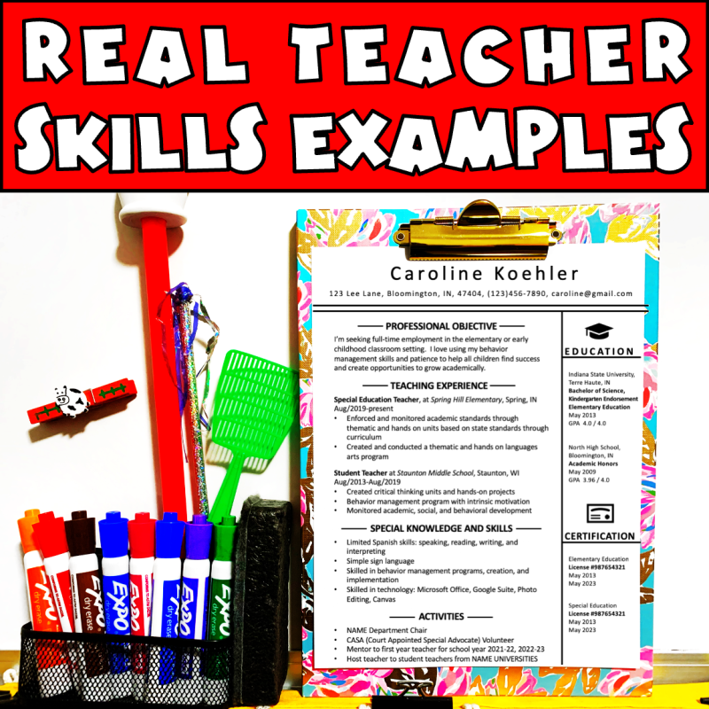Real teacher skills examples for teachers to use on their résumé show me a picture of a teacher's résumé on the clipboard on a white board in a classroom