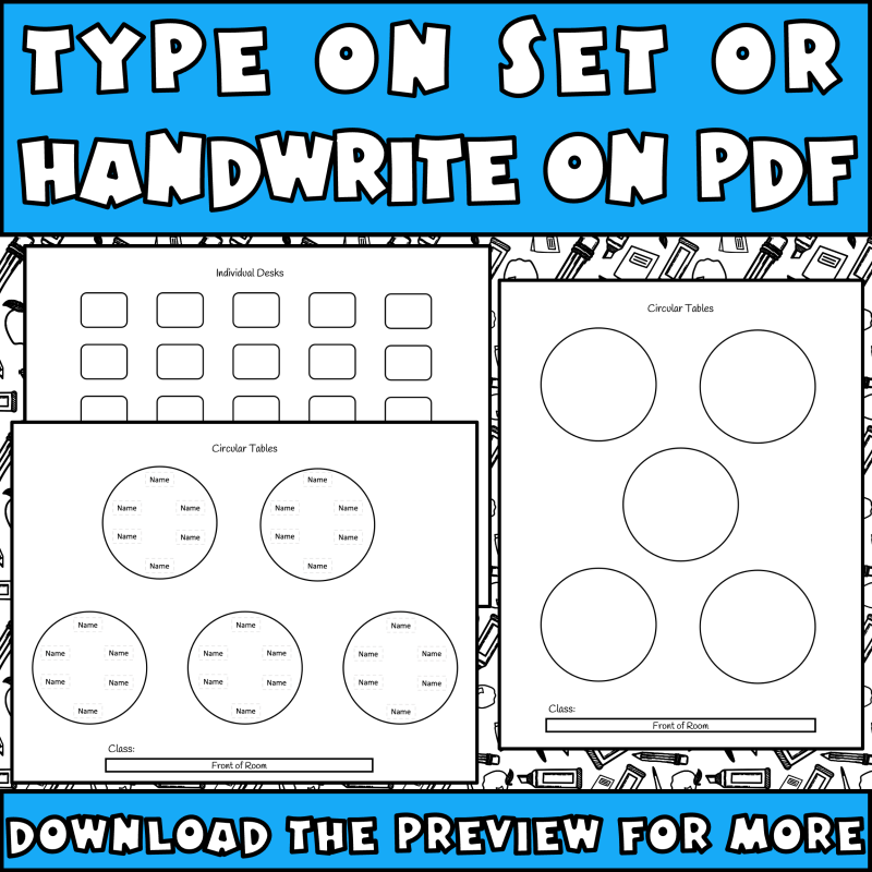 A template for classroom seating, chart type on sad or hand write on PDF, showing individual desk, layouts circle tables in landscape in circle tables in portrait.