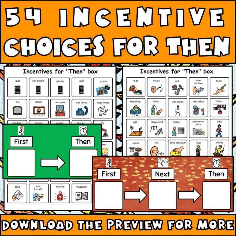 54 incentive choices for then showing Thanksgiving activities for autism first, then boards and the incentives that go with them.