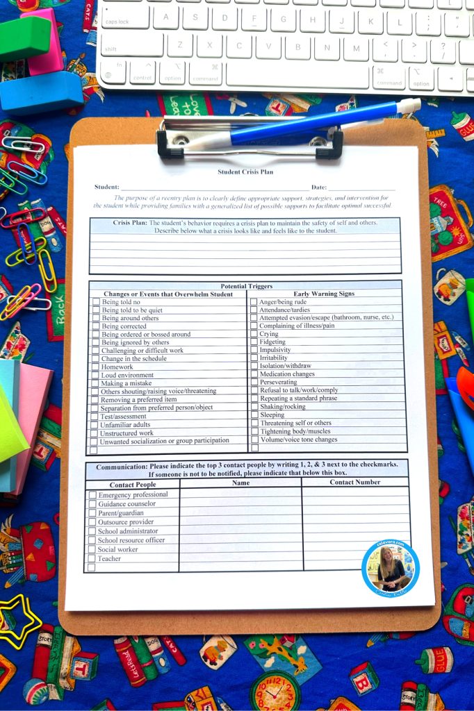 A picture of a student crisis plan to help kids throwing tantrums