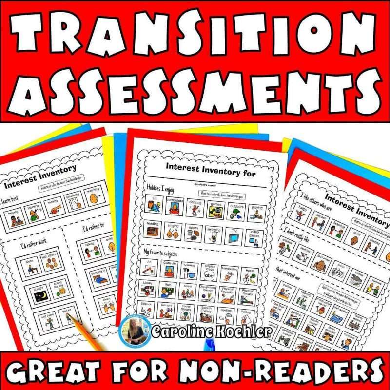 Transition assessments great for non-readers, showing interest inventory special education IEP pages for students.