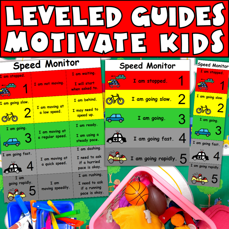 Level guides motivate kids showing speed monitors as activities for Self Regulation classroom.