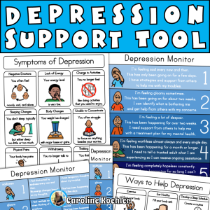 Adolescence depression support tool showing five depression, posters to help kids and teenagers at school