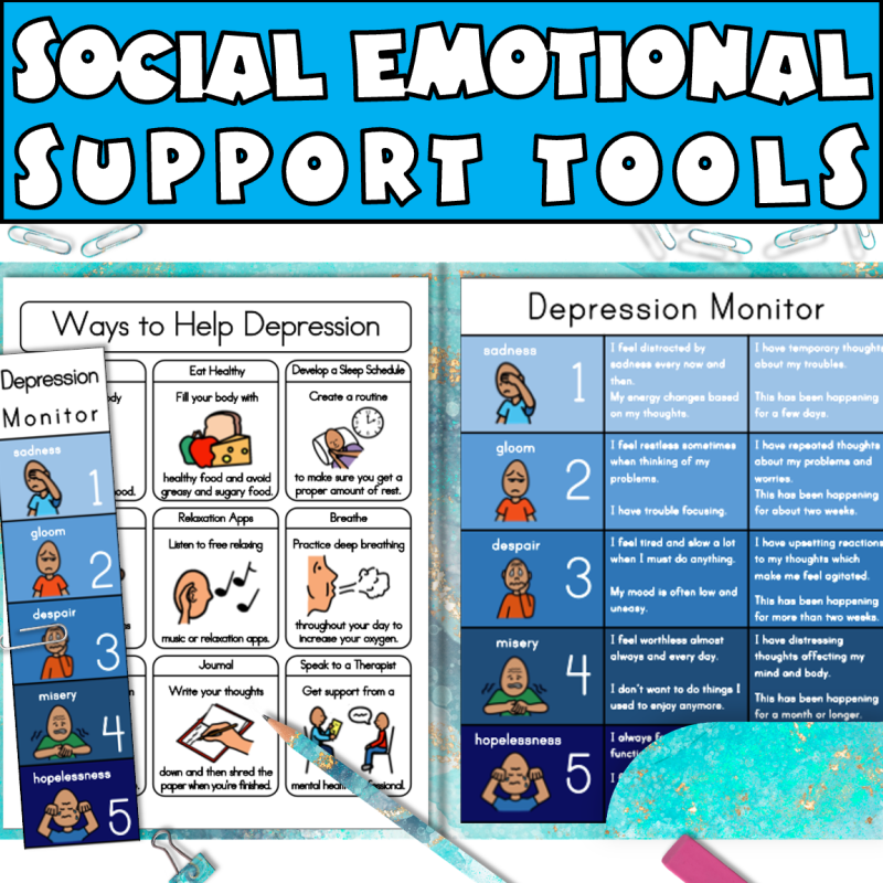 Social emotional support tools to help with the depression of student at school, showing depression, monitors and ways to help depression posters.