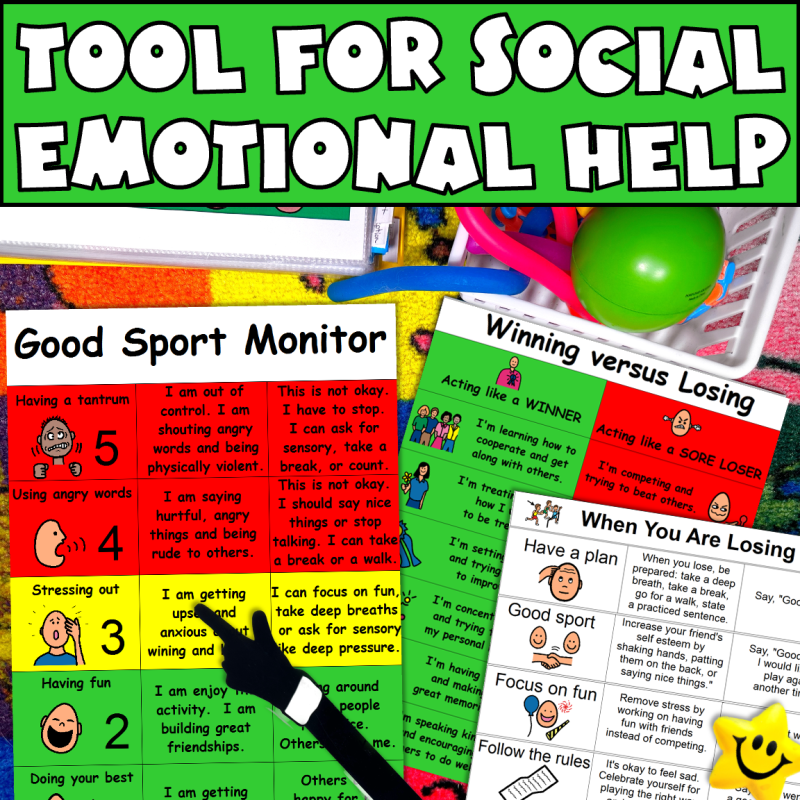 Tool for social emotional help showing winning versus losing visual posters to help stop kids throwing tantrums.