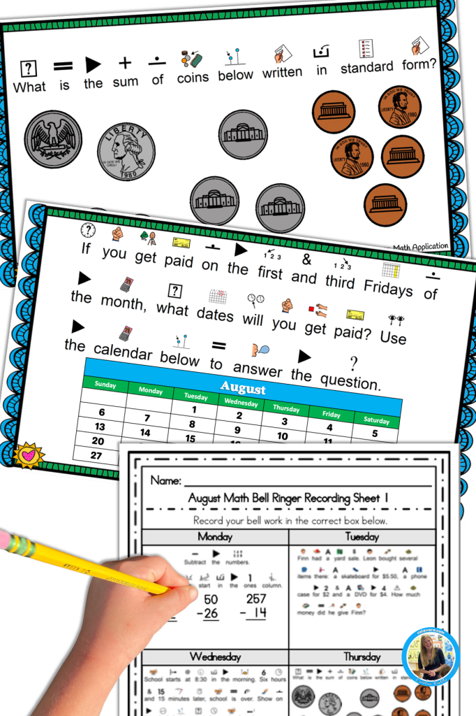 August math bellringers with daily word problems as a life skills example.