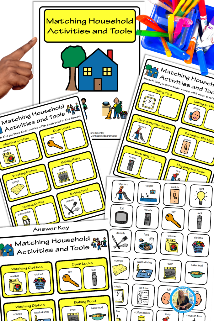 Matching household activities, file folder activity for life skills for adulthood.