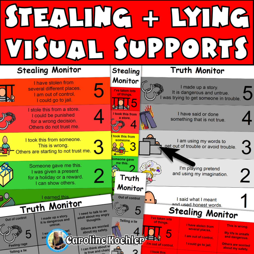 Stealing and lying visual supports showing stealing, and truth monitors.