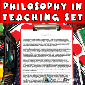 Philosophy in teaching set showing a resource on a teachers desk describing their philosophy statement for teaching.