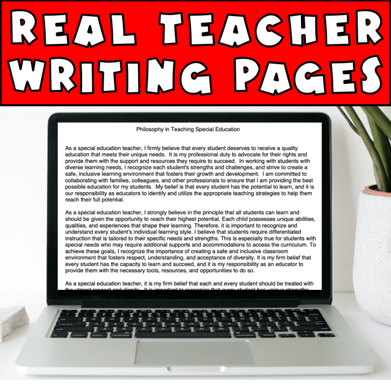 Real teacher, riding pages, showing an editable philosophy statement for teaching on a teachers laptop.