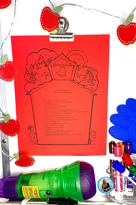 Picture of a school supply list on a teacherโs wipe off board in a classroom.