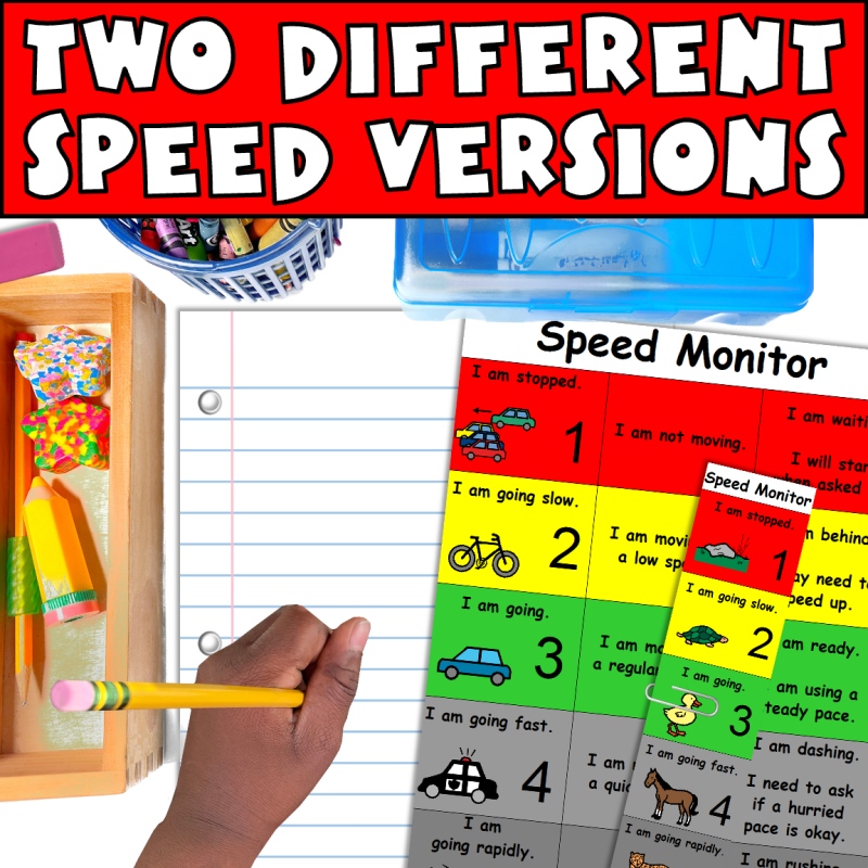 Two different speed versions of the Self Regulation strategies for students showing pictures of a speed monitor on a students desk.