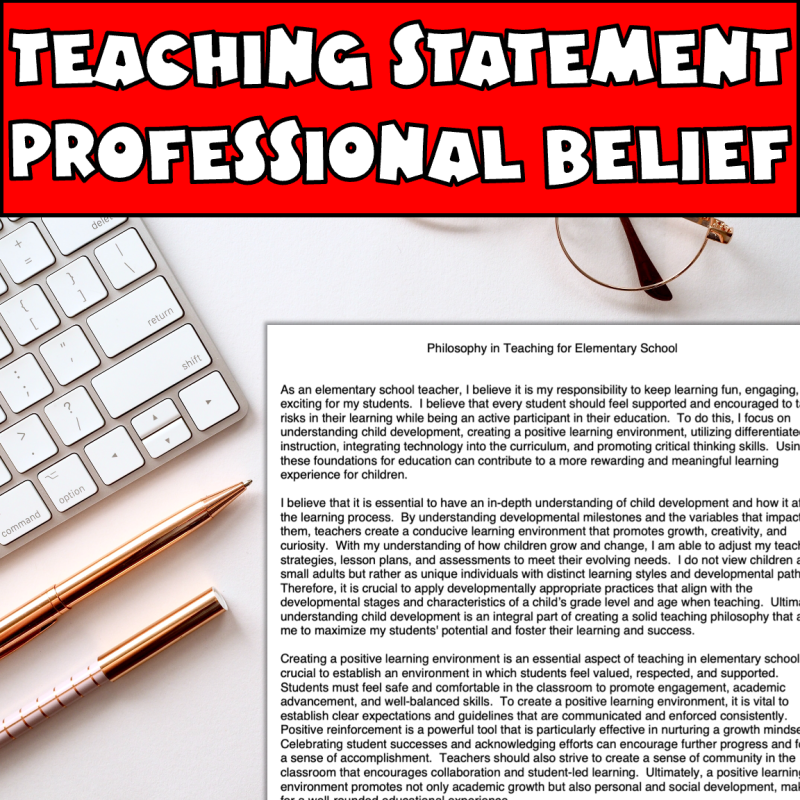 Teaching statement, professional belief showing a statement teaching philosophy on a teachers work area.