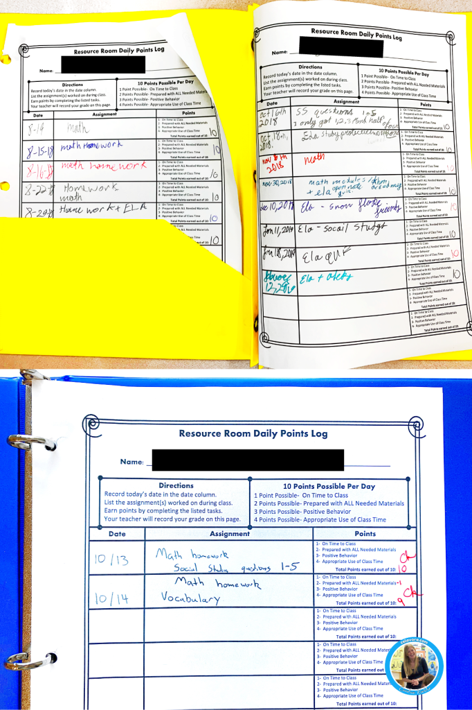 2 different pictures of resource room daily points log as an example of what is a inclusive classroom