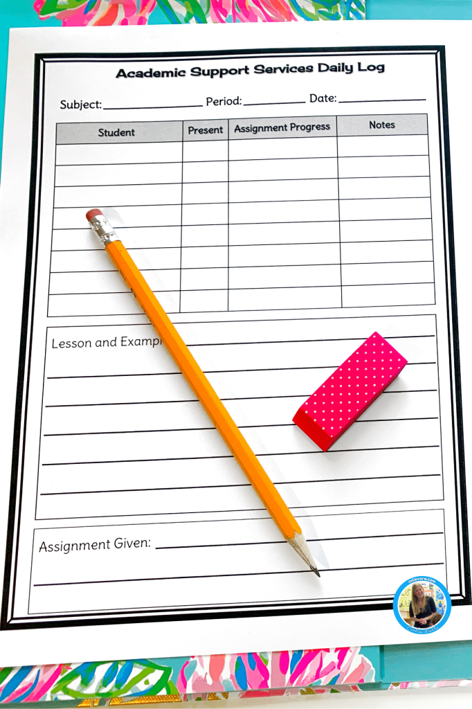 Picture of an academic support services daily log for sped teacher