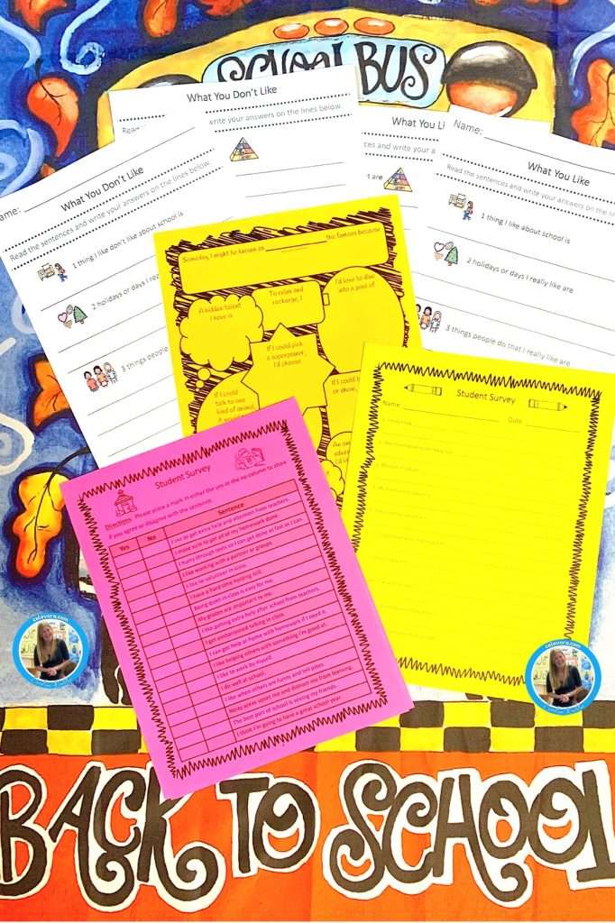 Activities in a classroom for back to school time showing student surveys and all about me pages.