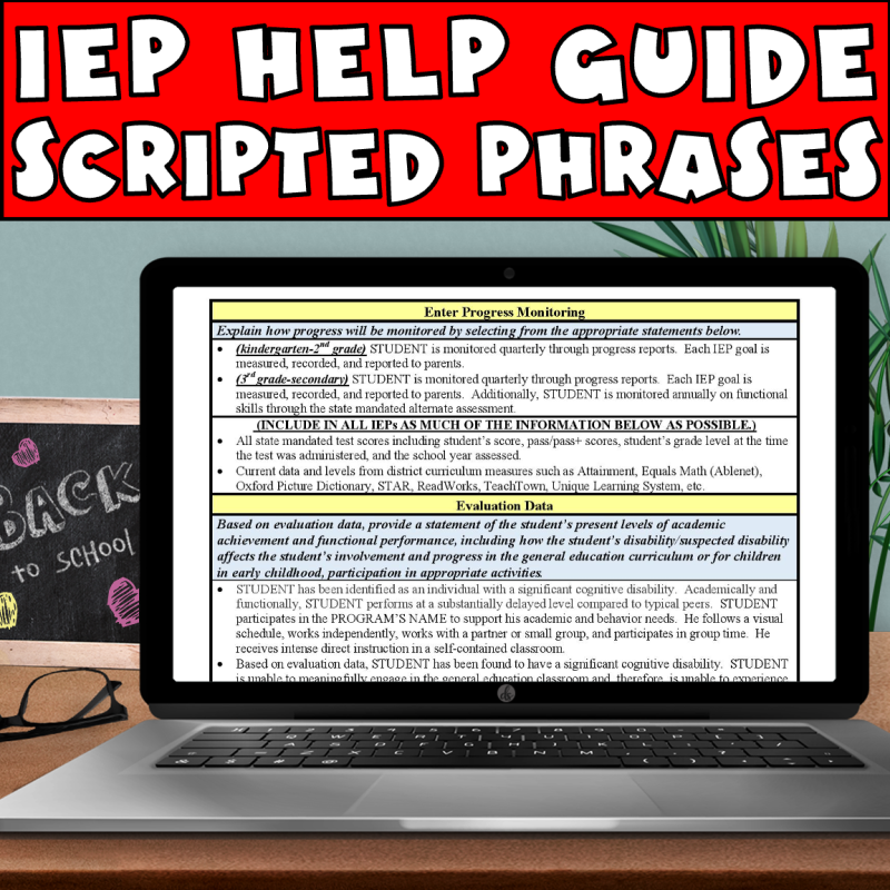 IEP help guide with scripted phrases showing a computer with an IEP how to write help guide on the screen.