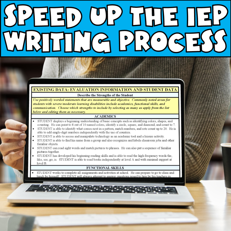 Speed up the process, showing a woman holding a computer with the screen displaying an IEP how to write help guide.