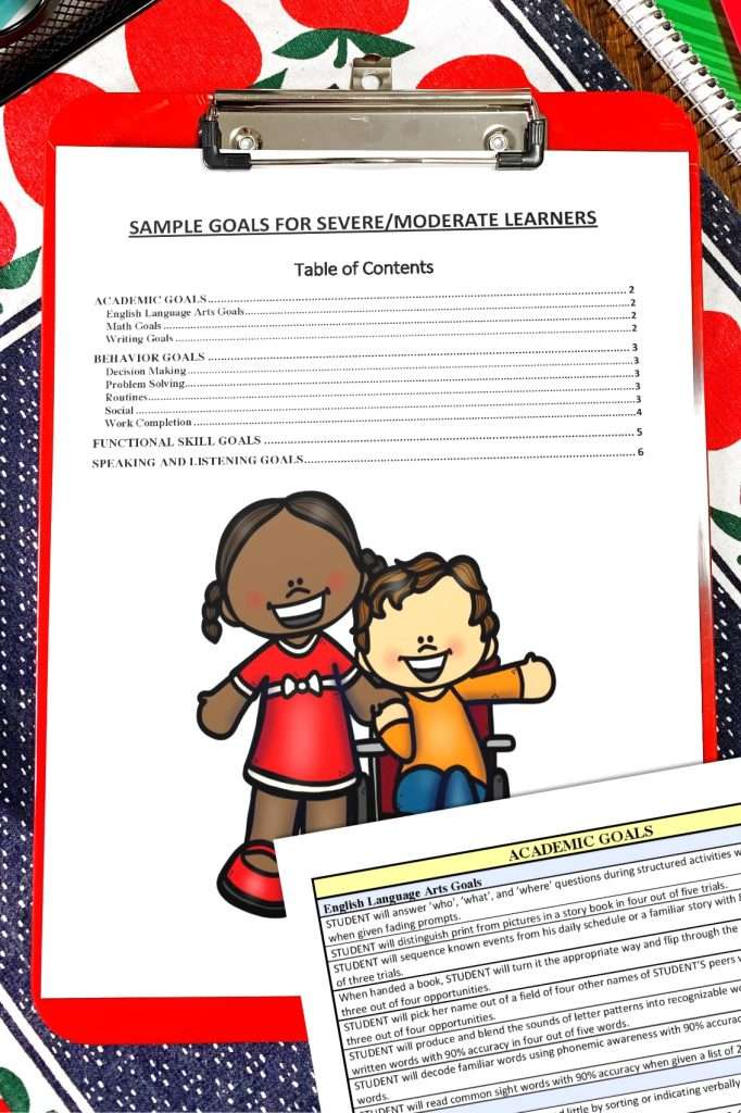 Sample goals for severe moderate learners, showing an IEP goal bank for IEP how to write support.
