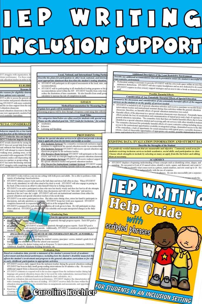 IEP individualized education plan help guide pages for students in an inclusion setting.