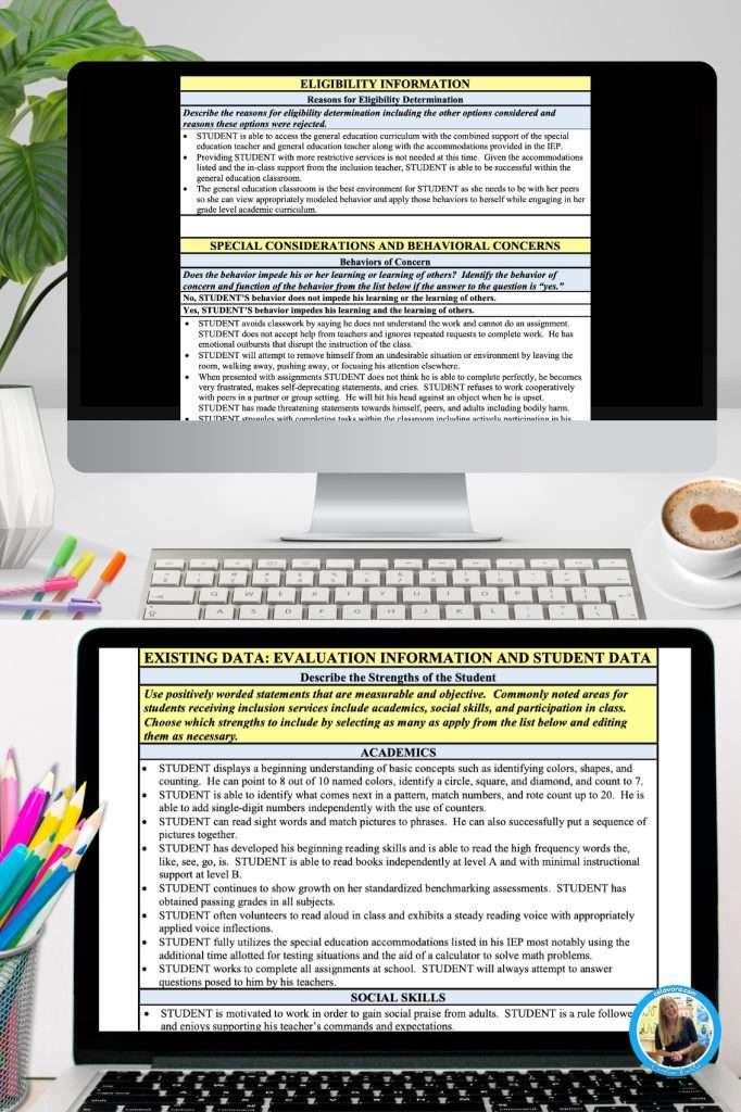 Individual education plan IEP writing documents shown on two different computer screens in a classroom.