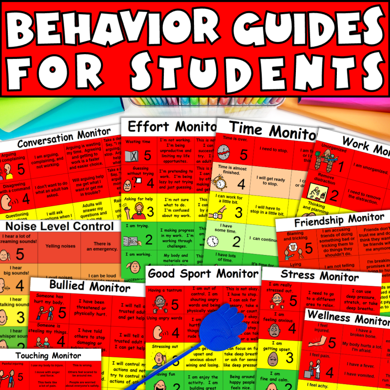 Behavior guides for students showing visual scales of strategies for behavior management in school and home.
