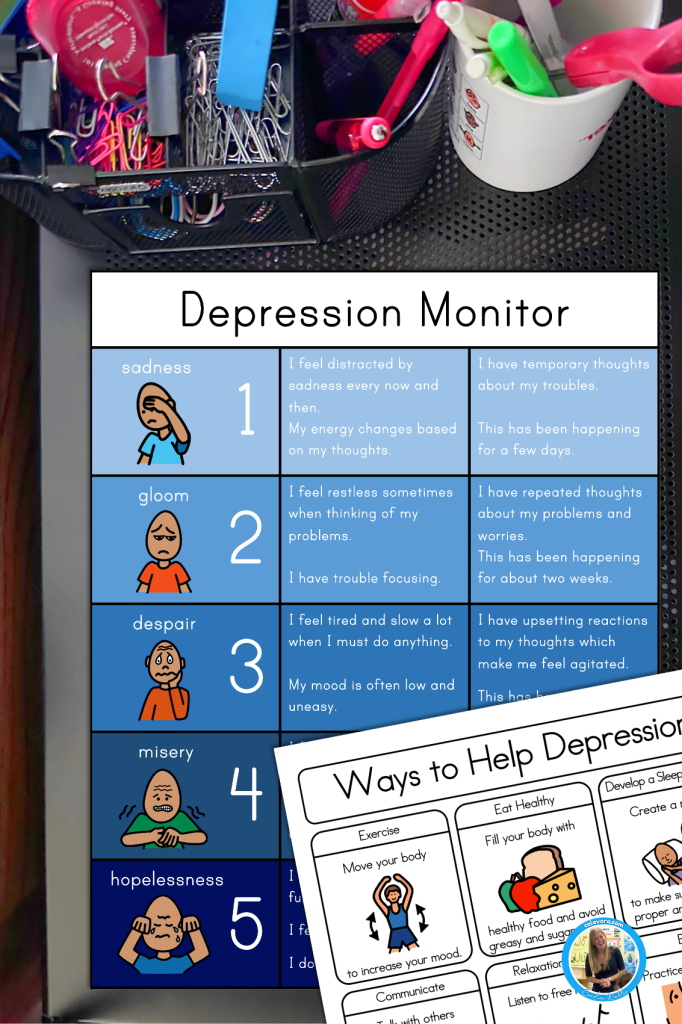 Adolescence depression monitor shown on a teachers work area, along with ways to help depression