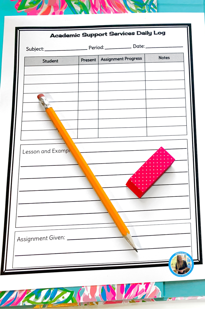 A picture of an academic support services daily log to record special education support for inclusion, classroom teaching strategies
