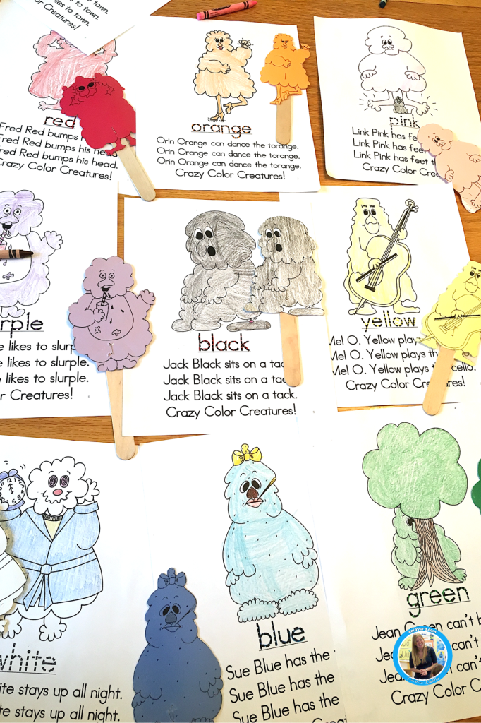 Crazy color creatures learn to read by singing and dancing. Book is shown in an inclusive kindergarten classroom.