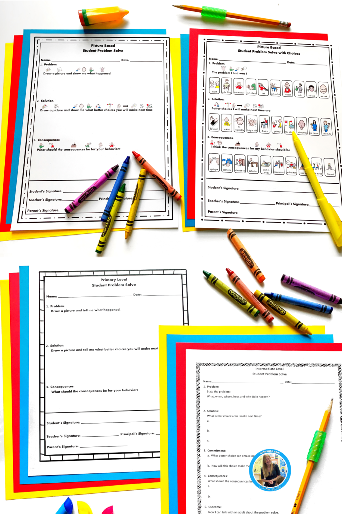 Strategies for an inclusive classroom, showing think sheets that are picture based and were face to help students with behavior needs participate in the classroom with positive behavior management systems.