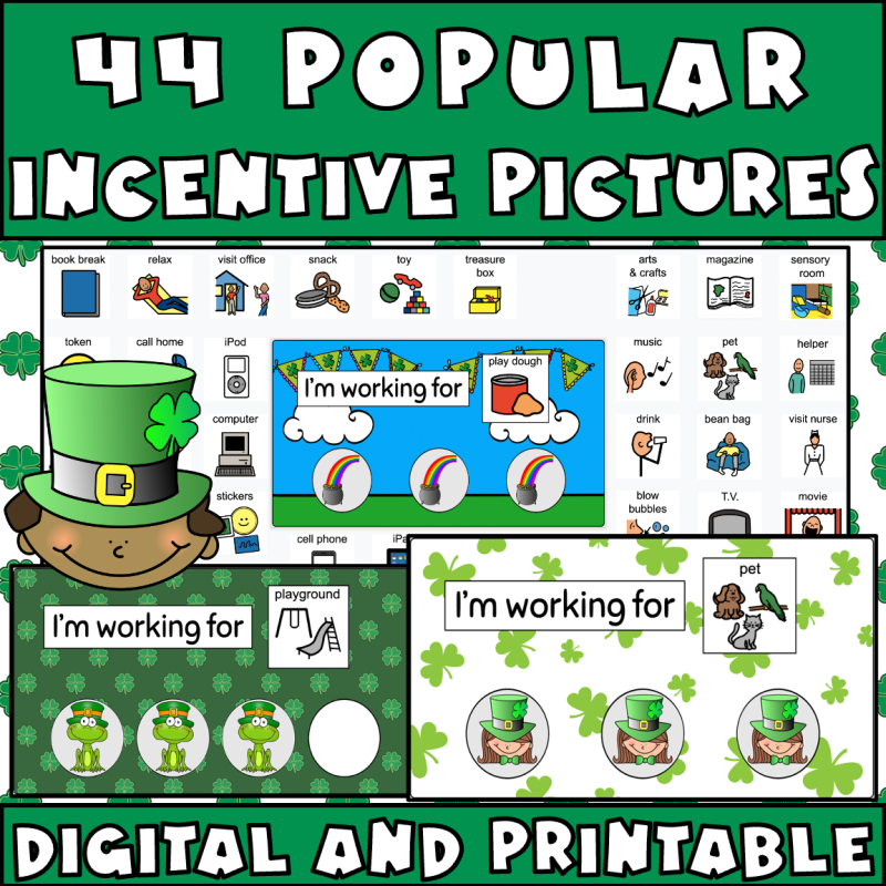Autism token board with 44 popular Santa pictures as an activity for St. Patrick's Day