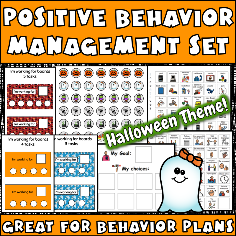 Positive behavior management said, showing a Halloween themed autism token economy