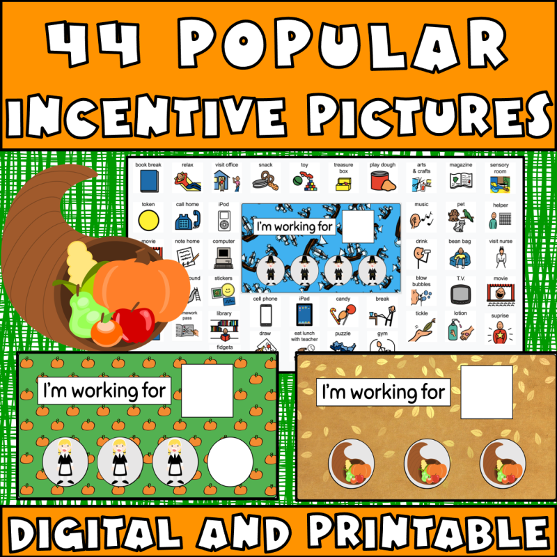 44 popular incentive pictures for a Thanksgiving themed online interactive token board for kids with autism.