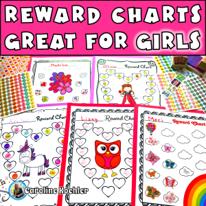 Reward charts for girls, showing flowers, princess, unicorn, owl, rainbows potty training reward, chart, and stickers