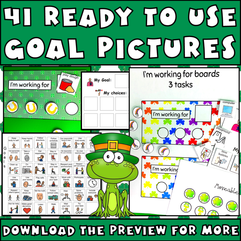 44 Ready to use goal pictures printables St. Patrick's Day behavior tools.