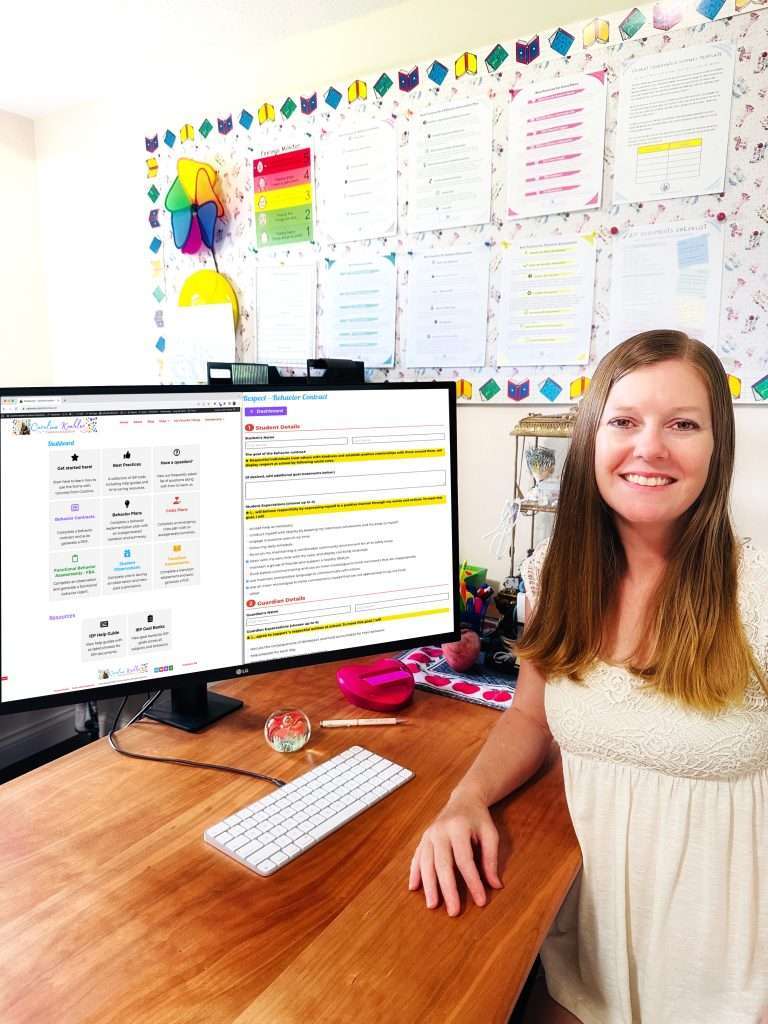Caroline Koehler, teacher sped, sitting in front of her computer, showing her special education teachers membership called SPED Up Paperwork to help special ed teachers cut their paperwork time in half.