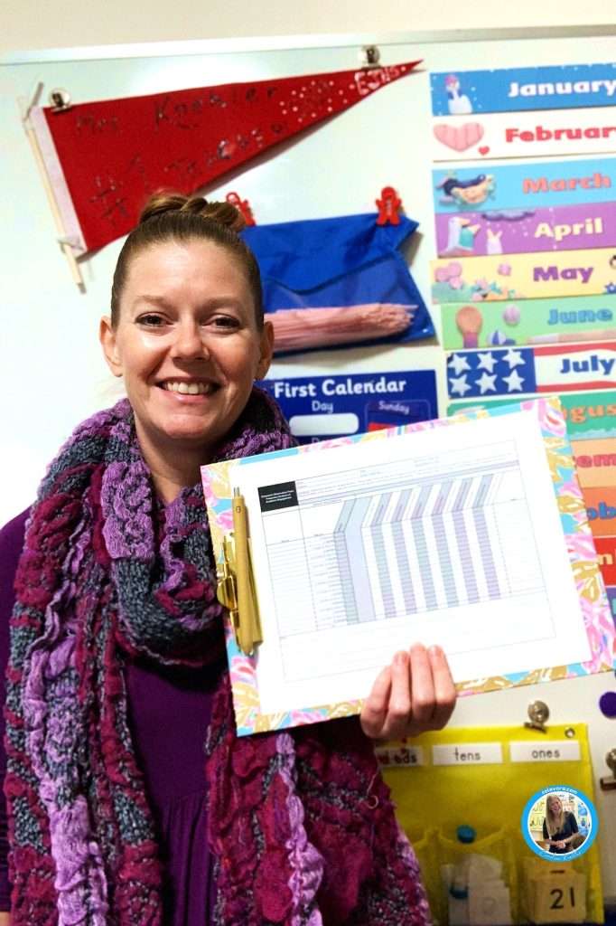 IEP progress monitoring sheets, showing a teacher with teaching sped paperwork