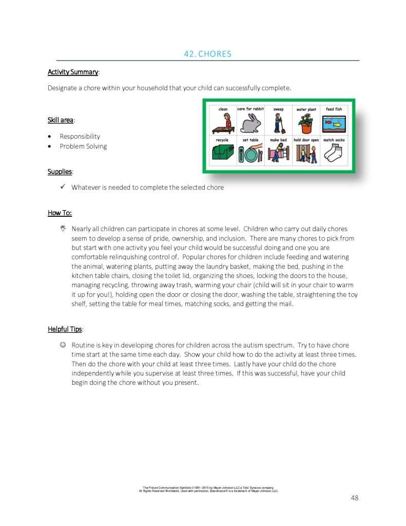 Autism activities adults chores for kids and adults with autism showing an autism chore chart and the activity summary page