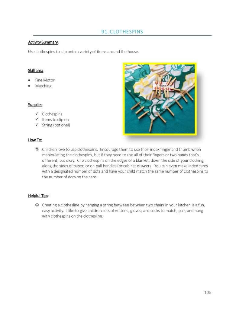 Autism activities printable book showing clothespins activity summary