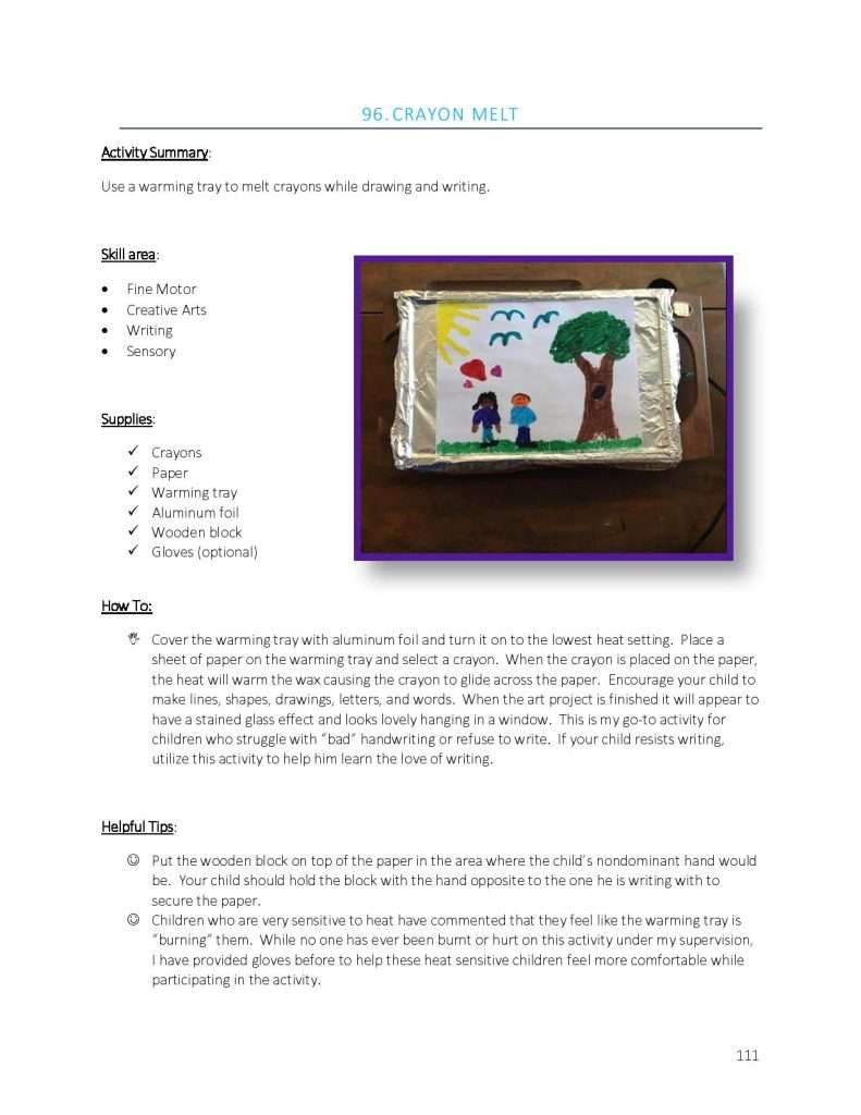 Autism activities social skills development showing crayon melt in an activity summary from an autism activity book