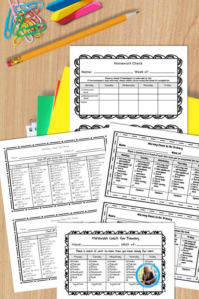 Check in check out intervention, showing a homework, check, morning, check for home, morning, check for primary school, and materials check for primary school students