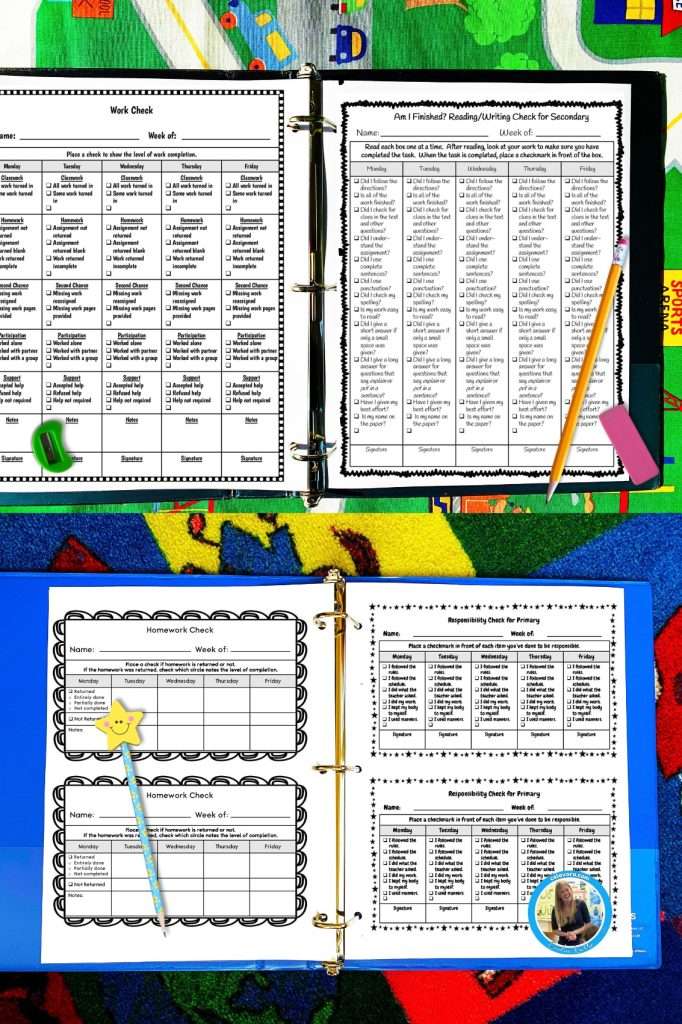 Check in check out point sheet in two different binders in a classroom