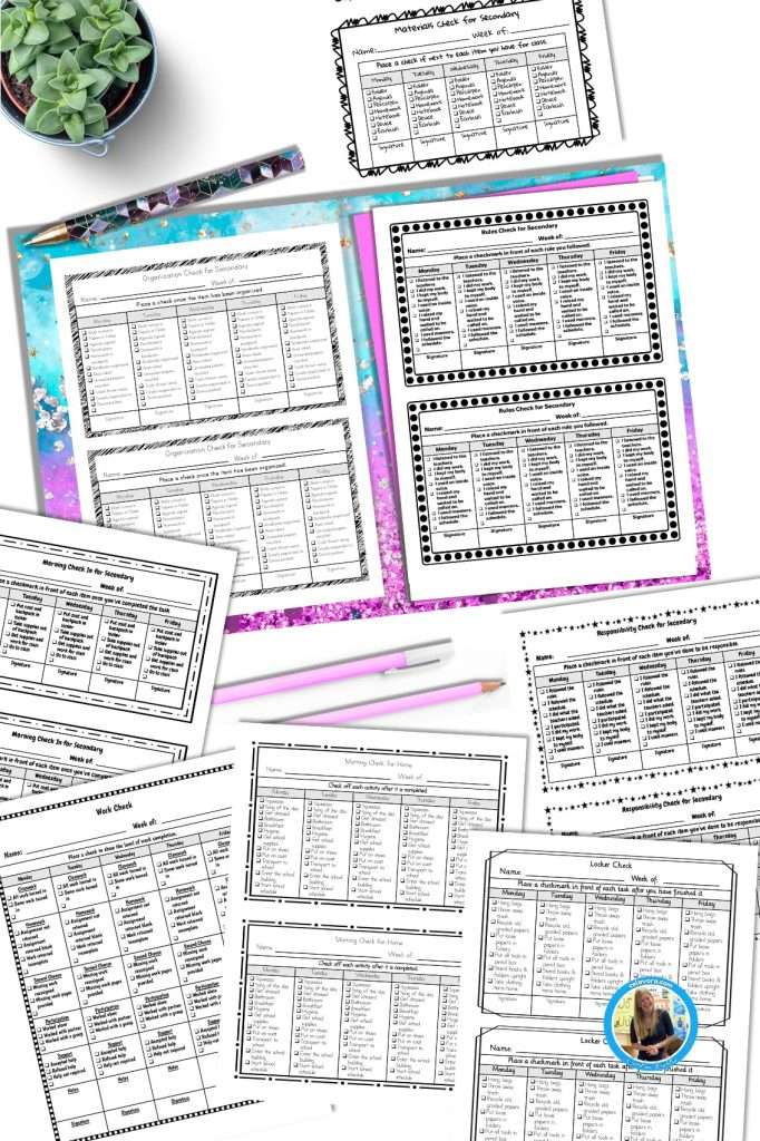 Check in check out system on a teachers desk with an open folder