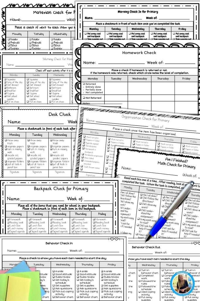 Check in check out template set showing checklists for materials, morning, homework, desk, organization, backpack, work, and behavior sheets