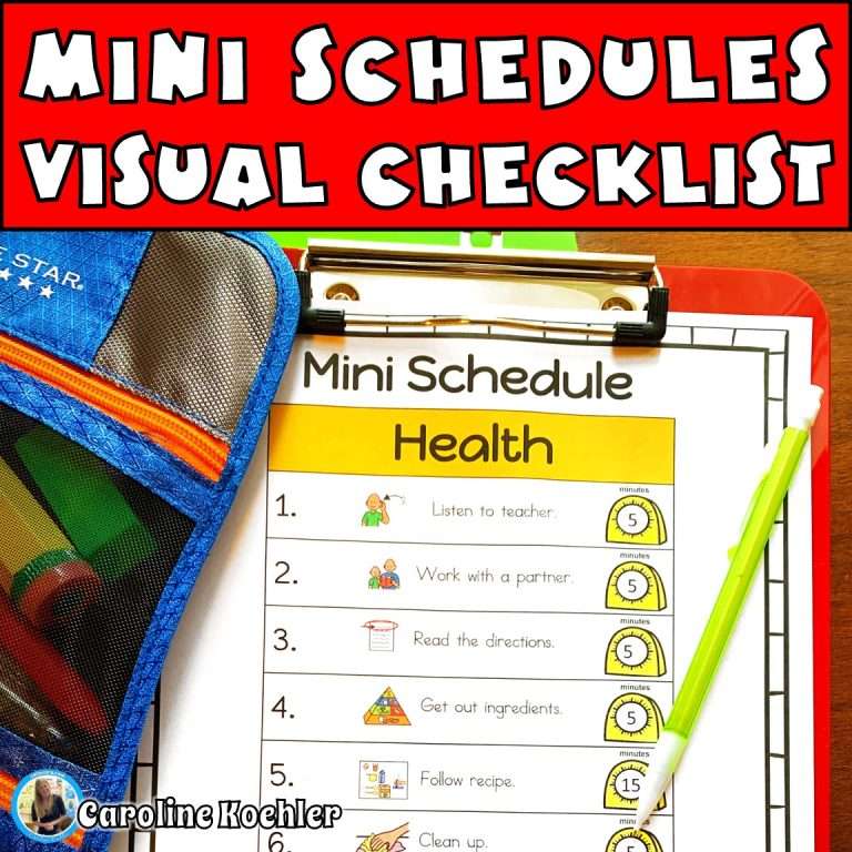 Mini schedules visual checklist showing classroom examples for autism.