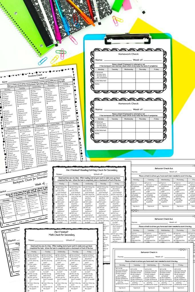 Printable check in check out sheet template set with homework, emotion, backpack, am I finished, and behavior checklist