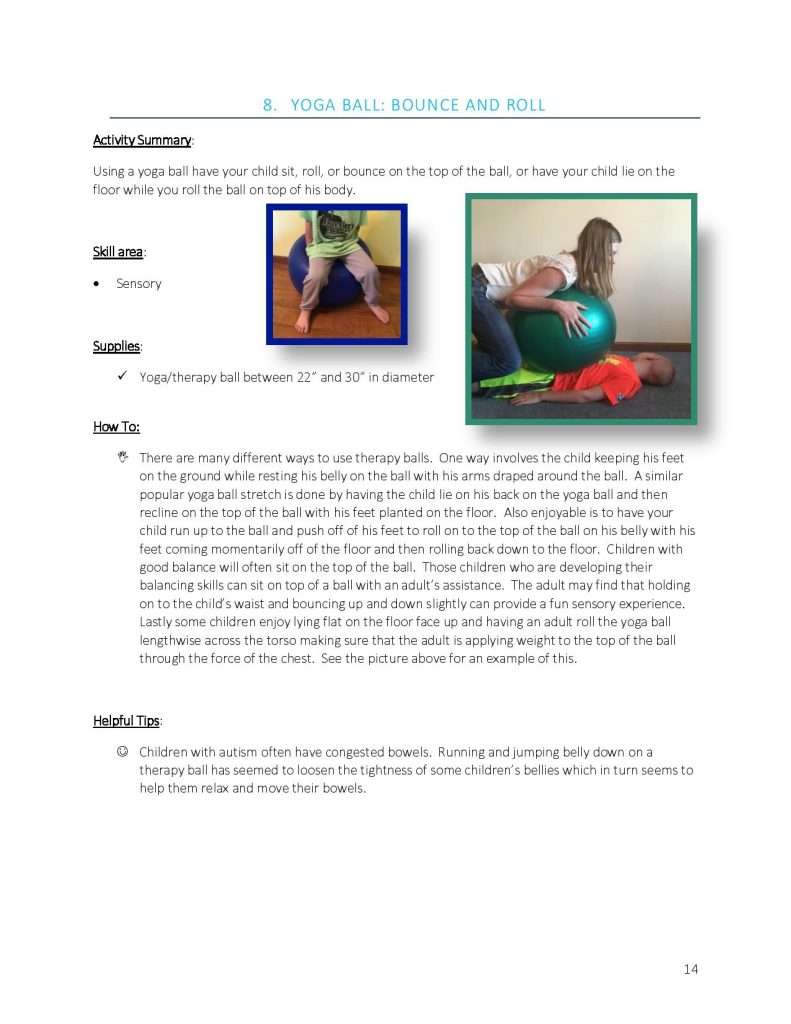 Sensory autism activities from an autism activity book showing yoga ball, bounce and roll activity summary page