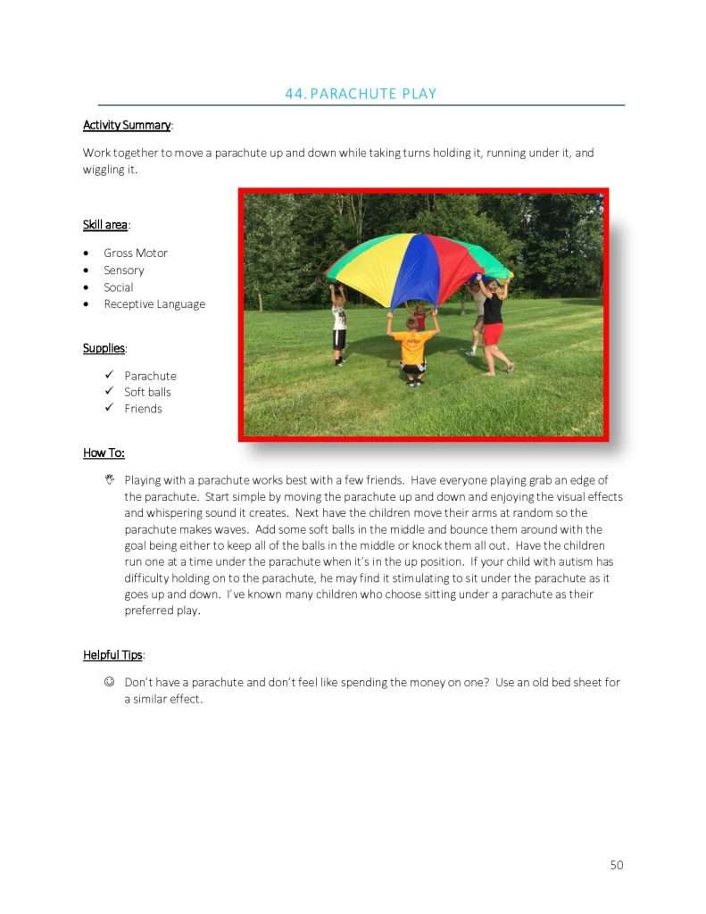 Social skills autism activities showing a page from an autism activity book with parachute play activity summary