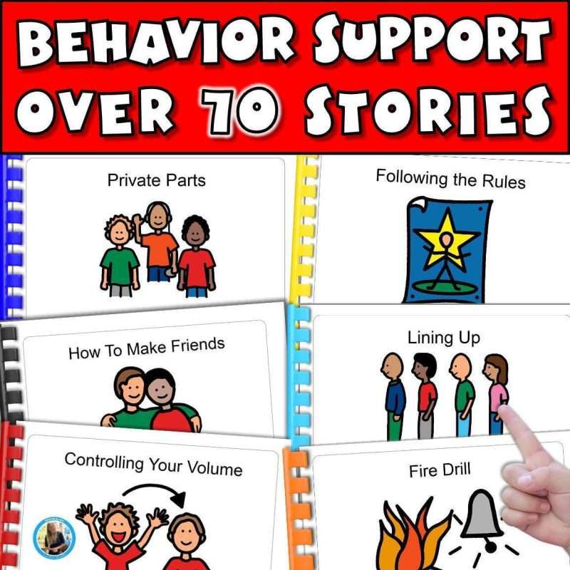 Social stories behavior support of over 70 narratives showing private parts, following the rules, how to make friends, lining up, controlling your volume, and fire drill.